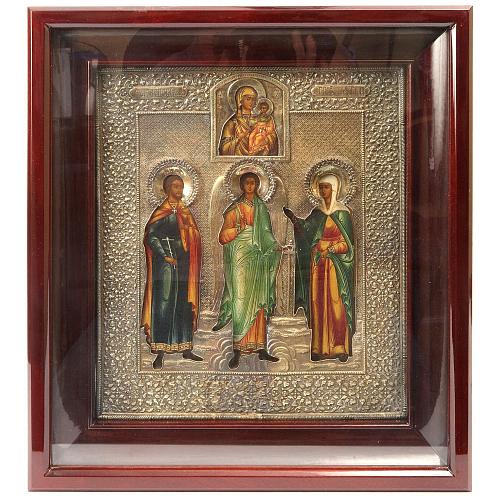 Икона «Ангел-хранитель, мученики Каллиник и Серафима в молении образу Богоматери Смоленской» в окладе.
