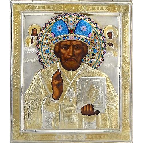 Икона «Святитель Николай Мирликийский Чудотворец» в серебряном окладе с эмалью.